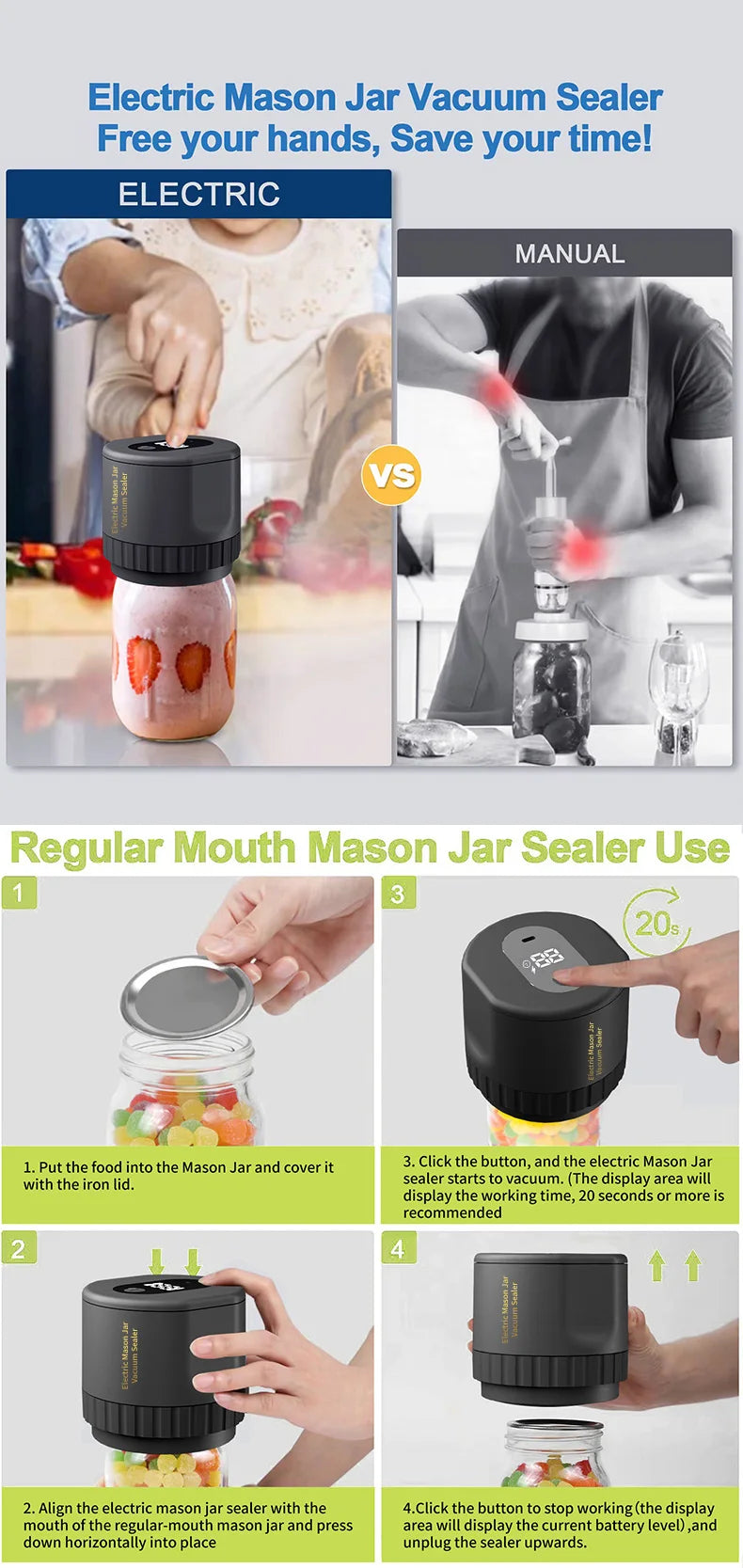 Kit de scellant sous vide électrique Mason Jar Ensemble de scellant automatique sans fil Kit de scellant sous vide électrique Mason Jar Ensemble de scellant automatique sans fil pour le stockage et la fermentation des aliments avec couvercles Mason Jar