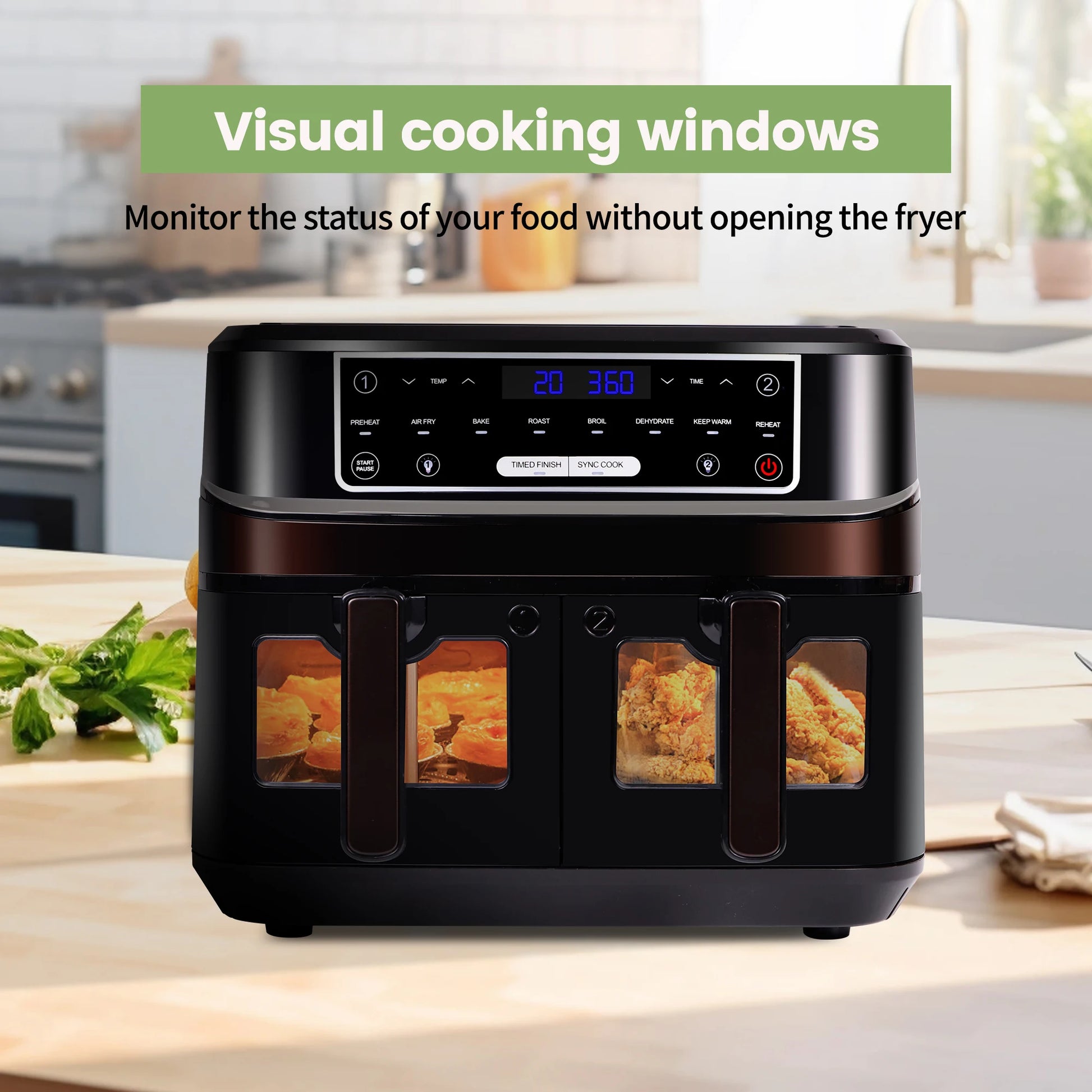 Friteuse à air chaud 2 chambres avec fenêtre de visualisation, tiroirs doubles 10L, friteuse à air chaud aFriteuse à air chaud 2 chambres avec fenêtre de visualisation, tiroirs doubles 10L, friteuse à air chaud avec écran tactile 8 programmes automatiques