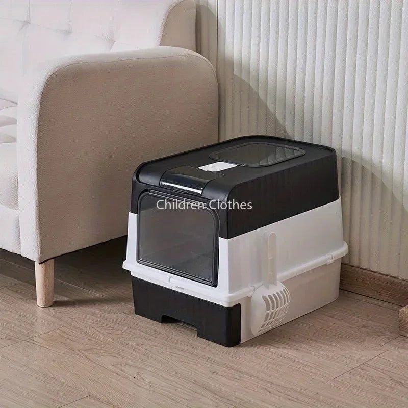 Très grande litière pour chat avec couvercle et cuillère, dessus de style tiroir entièrement fermé résistant aux odeurs dans les fournitures pour animaux de compagnie pour toilettes pour chats