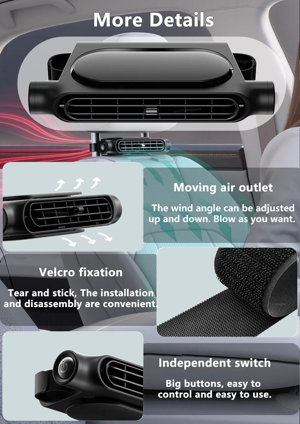 Ventilateur de siège d’auto Ventilateur d’intérieur de voiturVentilateur de siège d'auto Ventilateur d'intérieur de voiture portable pour siège arrière avant 3000mAh Ventilateur d'air de refroidissement par appui-tête alimenté par USB 3 vitesses réglables