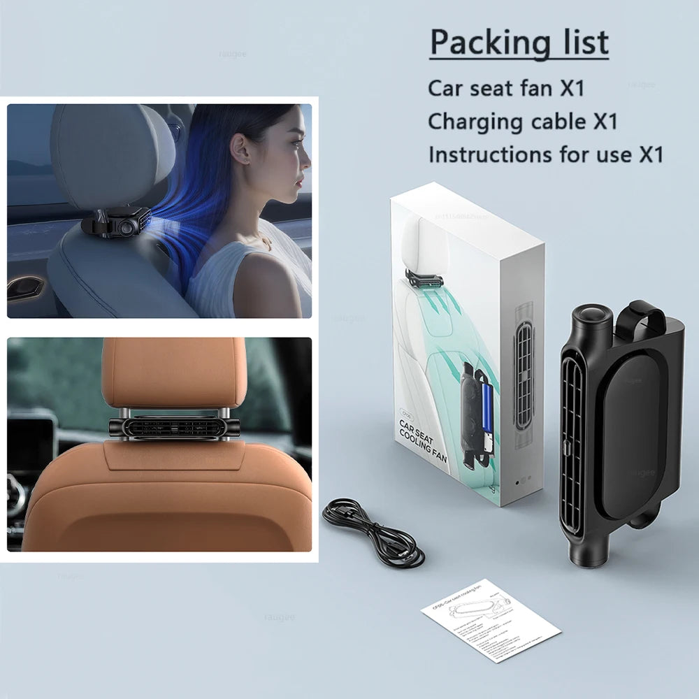 Ventilateur de siège d’auto Ventilateur d’intérieur de voiturVentilateur de siège d'auto Ventilateur d'intérieur de voiture portable pour siège arrière avant 3000mAh Ventilateur d'air de refroidissement par appui-tête alimenté par USB 3 vitesses réglables