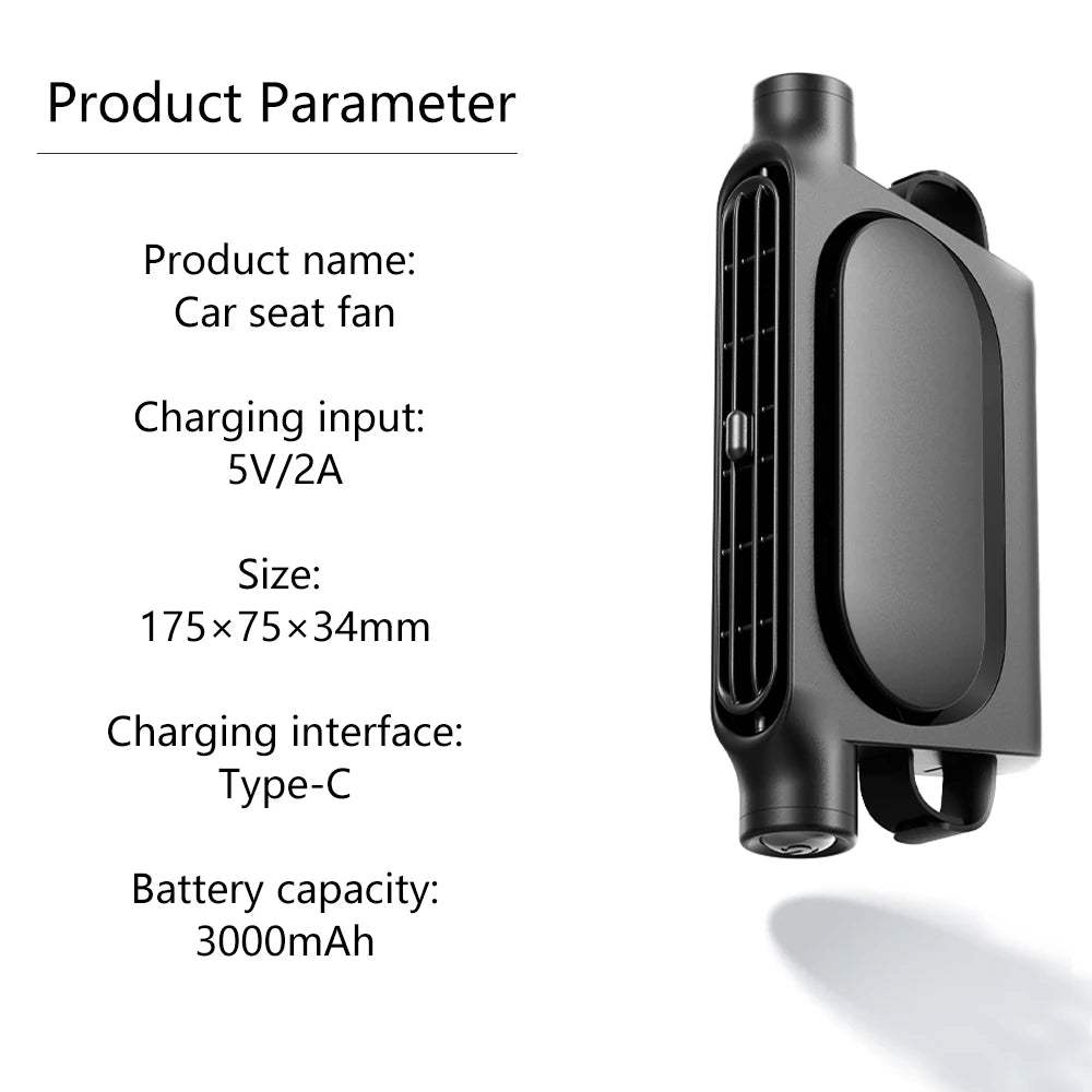 Ventilateur de siège d’auto Ventilateur d’intérieur de voiturVentilateur de siège d'auto Ventilateur d'intérieur de voiture portable pour siège arrière avant 3000mAh Ventilateur d'air de refroidissement par appui-tête alimenté par USB 3 vitesses réglables