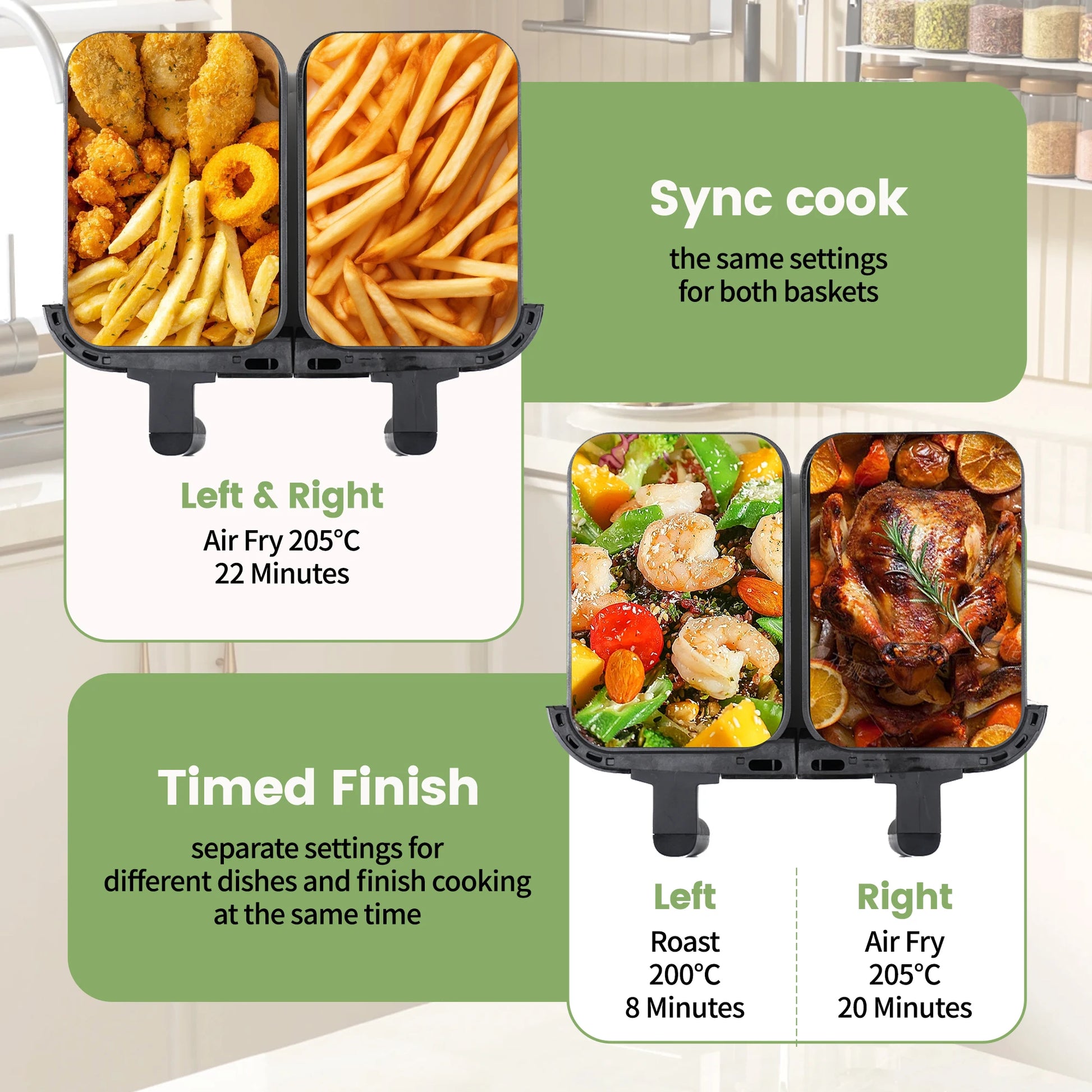 Friteuse à air chaud 2 chambres avec fenêtre de visualisation, tiroirs doubles 10L, friteuse à air chaud aFriteuse à air chaud 2 chambres avec fenêtre de visualisation, tiroirs doubles 10L, friteuse à air chaud avec écran tactile 8 programmes automatiques
