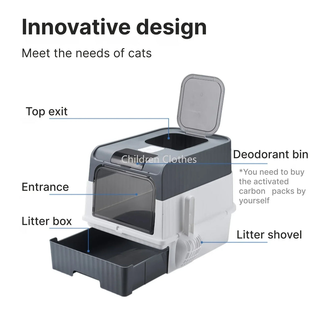 Très grande litière pour chat avec couvercle et cuillère, dessus de style tiroir entièrement fermé résistant aux odeurs dans les fournitures pour animaux de compagnie pour toilettes pour chats