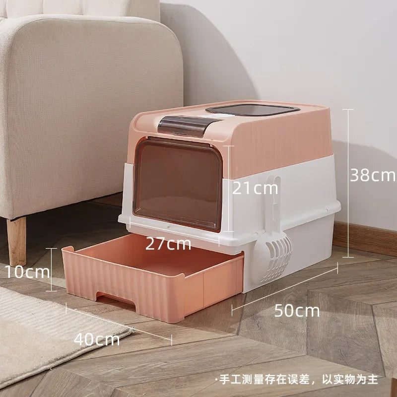 Très grande litière pour chat avec couvercle et cuillère, dessus de style tiroir entièrement fermé résistant aux odeurs dans les fournitures pour animaux de compagnie pour toilettes pour chats