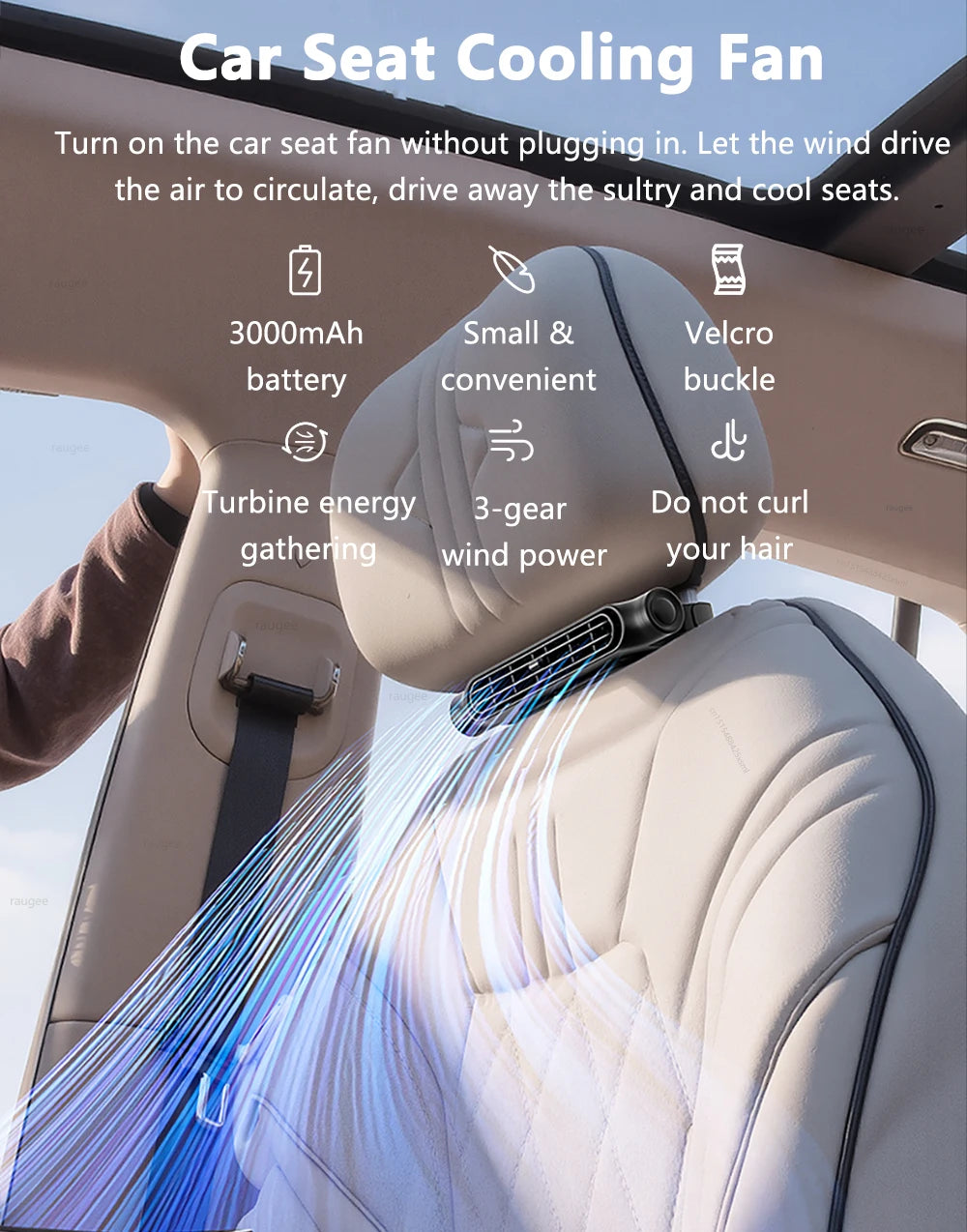 Ventilateur de siège d’auto Ventilateur d’intérieur de voiturVentilateur de siège d'auto Ventilateur d'intérieur de voiture portable pour siège arrière avant 3000mAh Ventilateur d'air de refroidissement par appui-tête alimenté par USB 3 vitesses réglables
