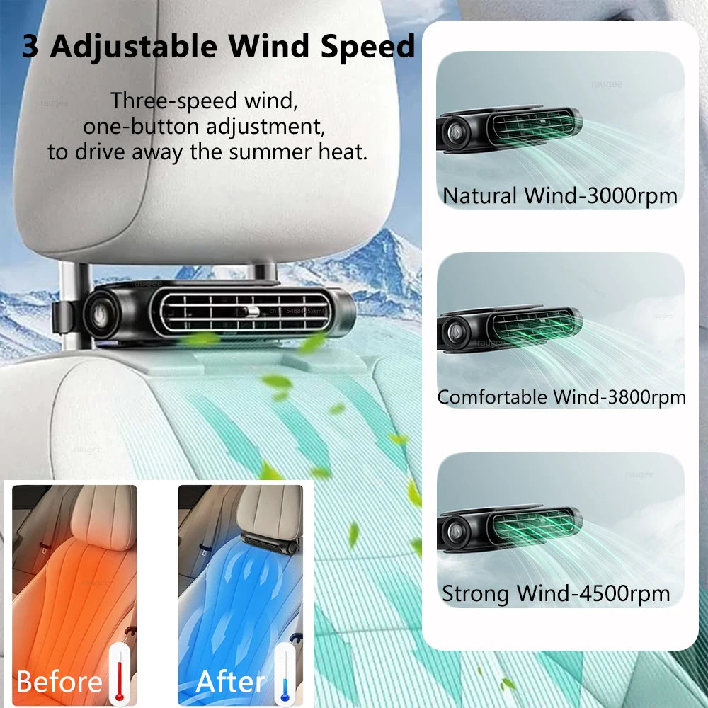 Ventilateur de siège d’auto Ventilateur d’intérieur de voiturVentilateur de siège d'auto Ventilateur d'intérieur de voiture portable pour siège arrière avant 3000mAh Ventilateur d'air de refroidissement par appui-tête alimenté par USB 3 vitesses réglables