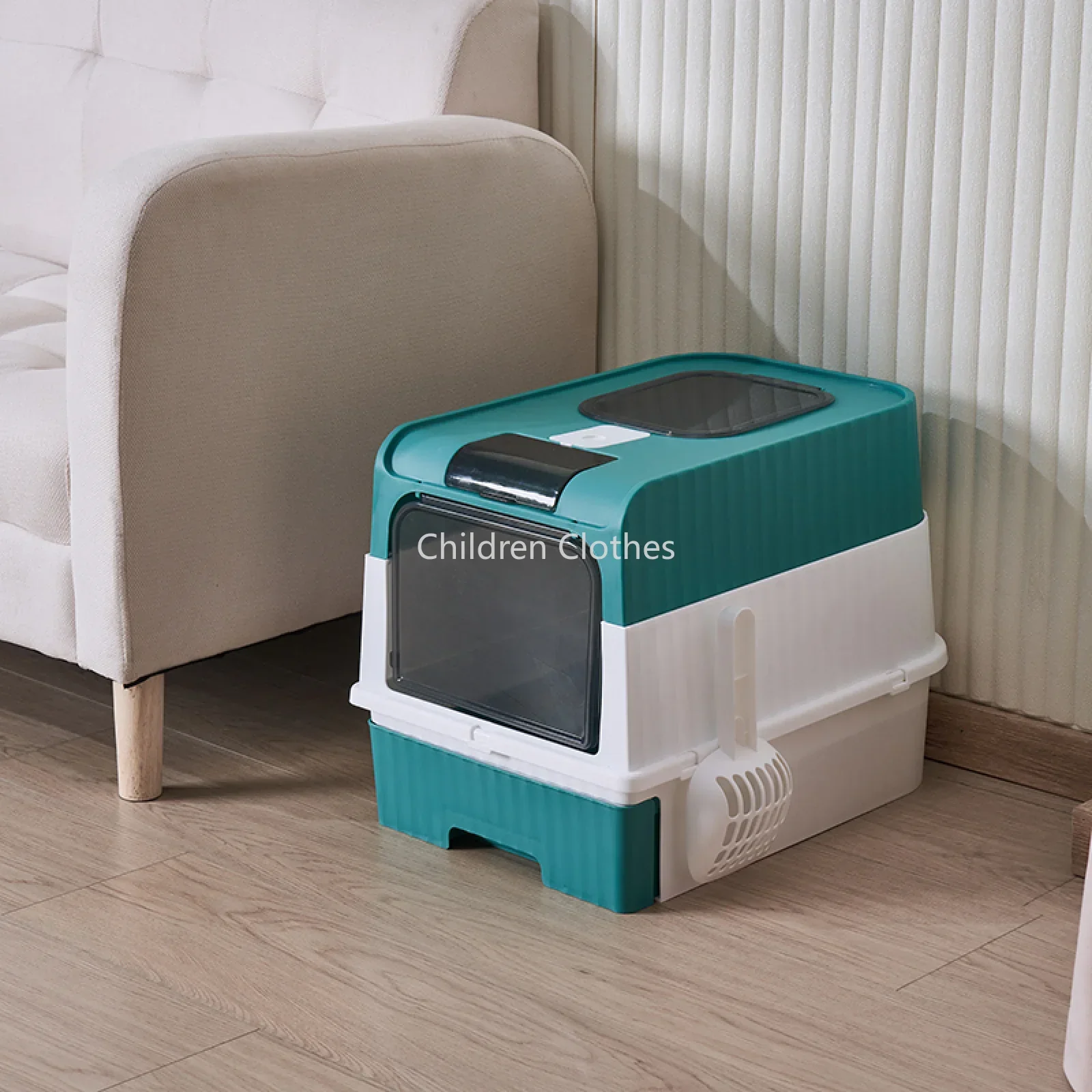 Très grande litière pour chat avec couvercle et cuillère, dessus de style tiroir entièrement fermé résistant aux odeurs dans les fournitures pour animaux de compagnie pour toilettes pour chats