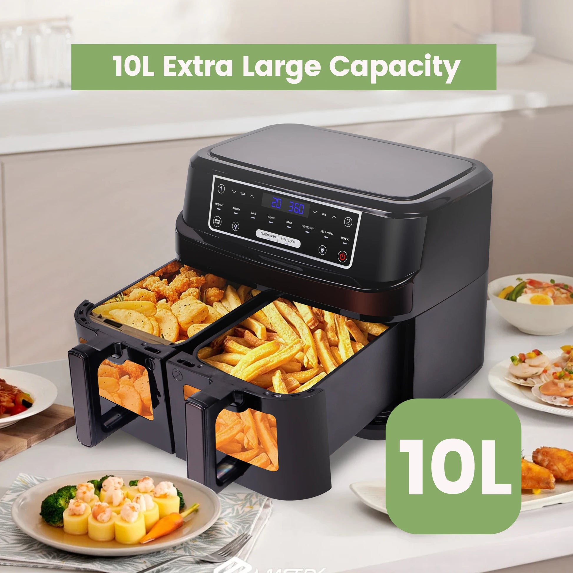 Friteuse à air chaud 2 chambres avec fenêtre de visualisation, tiroirs doubles 10L, friteuse à air chaud aFriteuse à air chaud 2 chambres avec fenêtre de visualisation, tiroirs doubles 10L, friteuse à air chaud avec écran tactile 8 programmes automatiques
